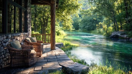 Rustic riverside retreat with a stone-built exterior, featuring a cozy porch with wicker chairs overlooking a vibrant, clear flowing river surrounded by lush green forests. This serene scene 