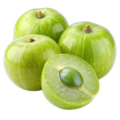 A group of raw amla fruits, including whole and half-cut, are isolated against a white background....