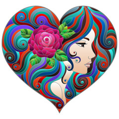 A stained glass illustration with a portrait of a girl with bright hair and a heart-shaped rose
