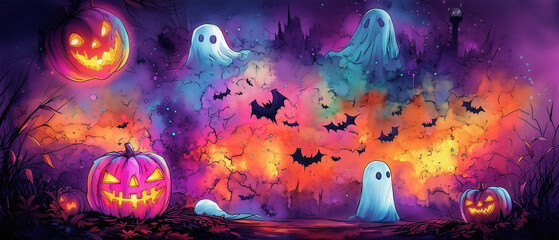 Obraz premium Neon Halloween Banner - pumpkins and ghosts, Jack o Lantern in a purple background