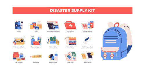 Disaster supply kit infographic illustration. Set of with survival kit objects. Survival emergency kit for evacuation or disasters with supplies, food, clothes. Flat color icons vector design