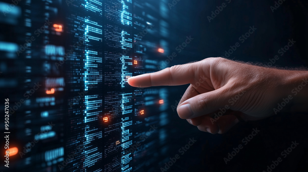Poster hand interacting with a digital interface in a dark setting
