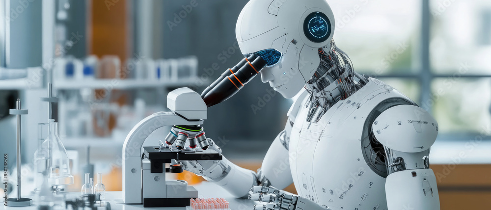 Poster futuristic robot scientist examining samples, advanced lab equipment, high-tech environment, robotic
