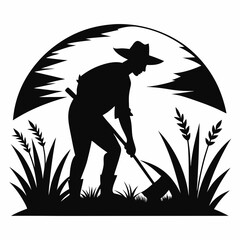 The farmer is working in the field Black silhouette