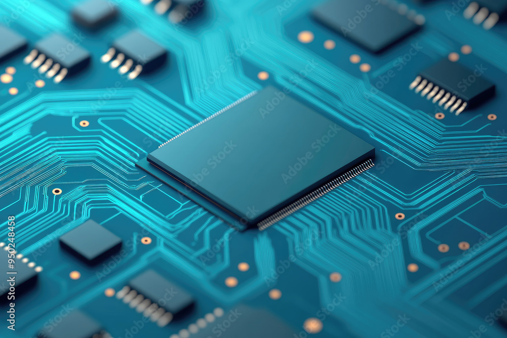 Aufkleber complex circuitry design featuring an array of integrated circuits, intricate blue pathways, contemp