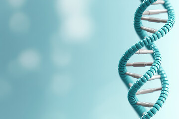 DNA double helix structure, vibrant turquoise design, represents genetic coding and molecular biology, set against a soft, blurred blue background, evoking scientific exploration.
