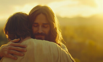 Jesus Christ hugging and comforting a man, offering peace and reassurance