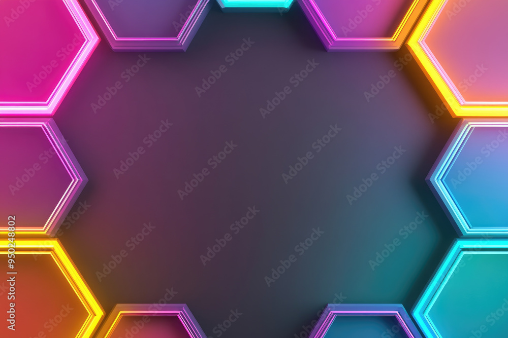 Aufkleber neon hexagonal frame, vibrant neon-lit hexagons create a dynamic border against a smooth dark backgr
