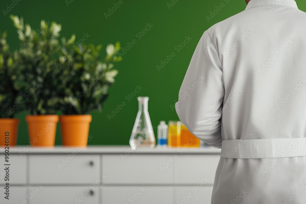 Poster laboratory researcher in white coat, person in a lab coat stands in front of a colorful array of sci