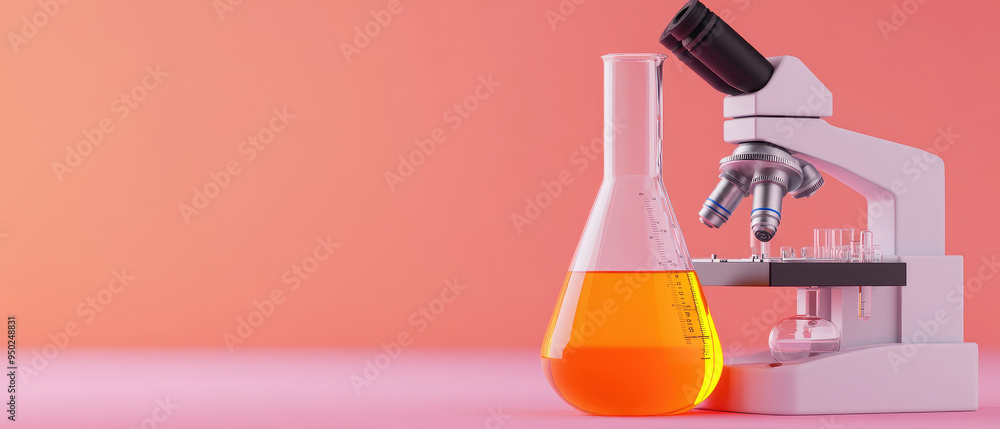 Poster laboratory equipment with a microscope and a graduated flask filled with bright orange liquid on a v