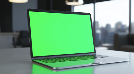 Laptop with green screen, mock-up for advertisement with white background [Generative AI] パソコンのグリーンスクリーンのモックアップ