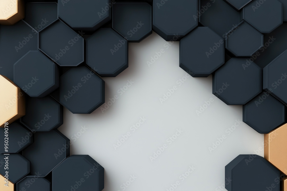 Poster contemporary hexagonal wall design, featuring a mix of matte black and textured gold elements, creat
