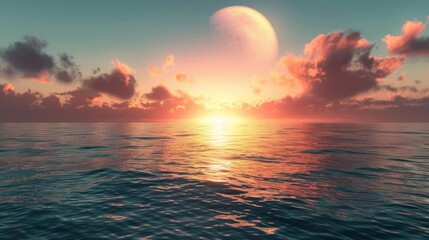 Sunset over a Calm Ocean with a Large Moon