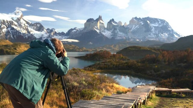 Man taking photos in the morning near a lake and mountains in Torres del Paine National park, Patagonia, Chile