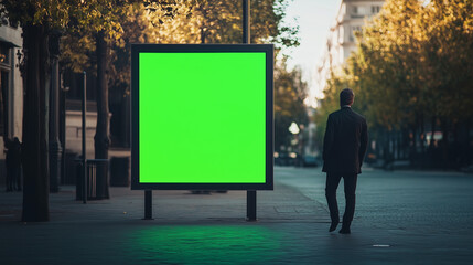 Signboard with green screen, mock-up for advertisement with white background [Generative AI] 広告用グリーンスクリーンのモックアップ