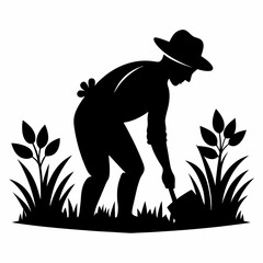 The farmer is working in the field Black silhouette