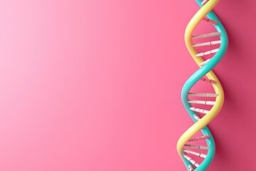 Colorful DNA double helix model, vibrant yellow and turquoise strands intertwined, set against a soft pink background, symbolizing genetics and molecular biology.