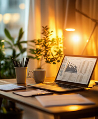 Fototapeta premium home office setup with a polished wooden desk, a sleek laptop displaying financial spreadsheets
