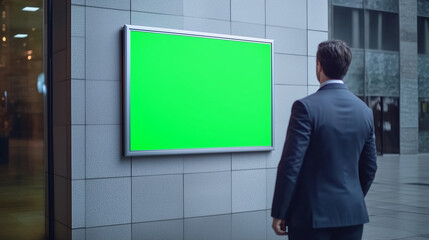 Signboard with green screen, mock-up for advertisement with white background [Generative AI] 広告用グリーンスクリーンのモックアップ