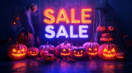 Halloween sale with glowing pumpkins and neon lights. Festive and spooky scene perfect for seasonal promotions and advertisements.