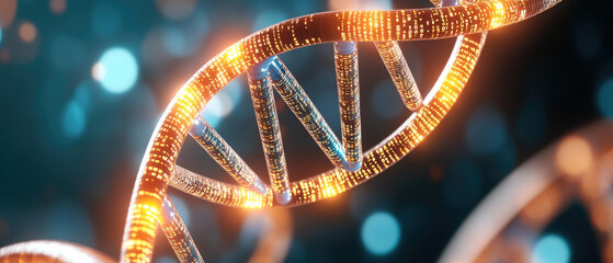 Illuminated DNA Helix, a vibrant representation of genetic information intertwined with glowing digital elements amid a captivating bokeh background.