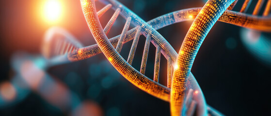 Digital DNA Helix, a futuristic representation of a DNA strand intertwined with glowing binary code, symbolizing the fusion of biology and technology in genetic research.