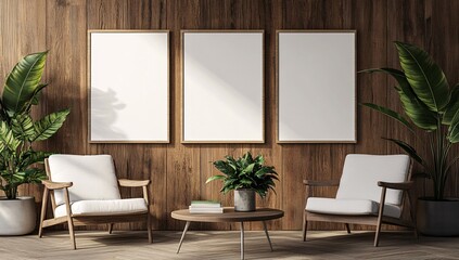 Modern Living Room Interior with Wooden Wall and Minimalist Furniture