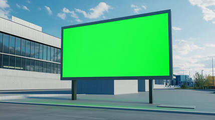 Signboard with green screen, mock-up for advertisement with white background [Generative AI] 広告用グリーンスクリーンのモックアップ