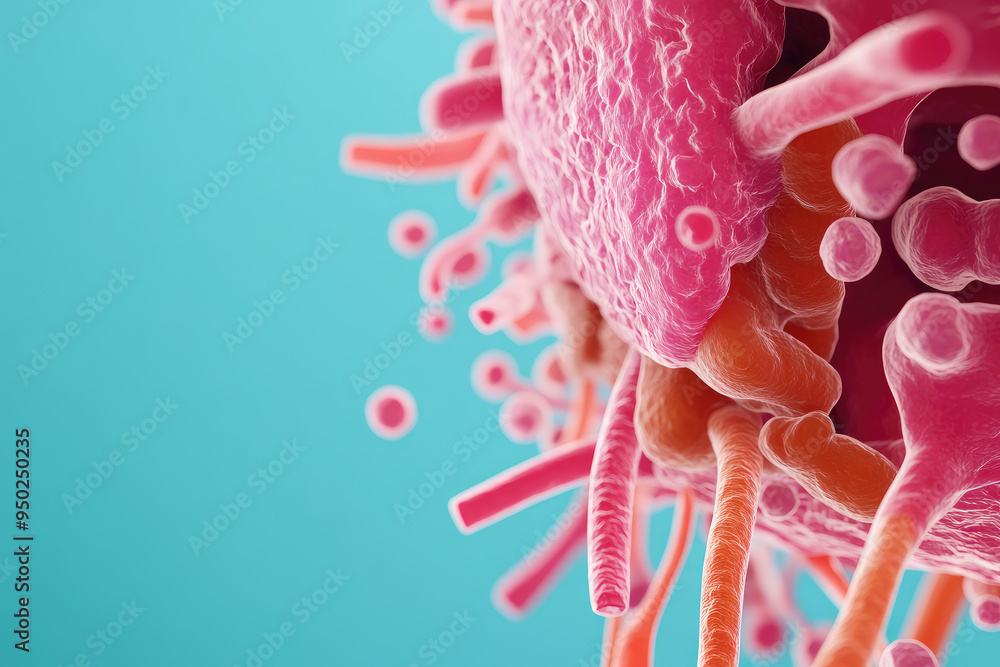 Poster microscopic view of a virus, showcasing intricate surface structures and vibrant colors, emphasizing