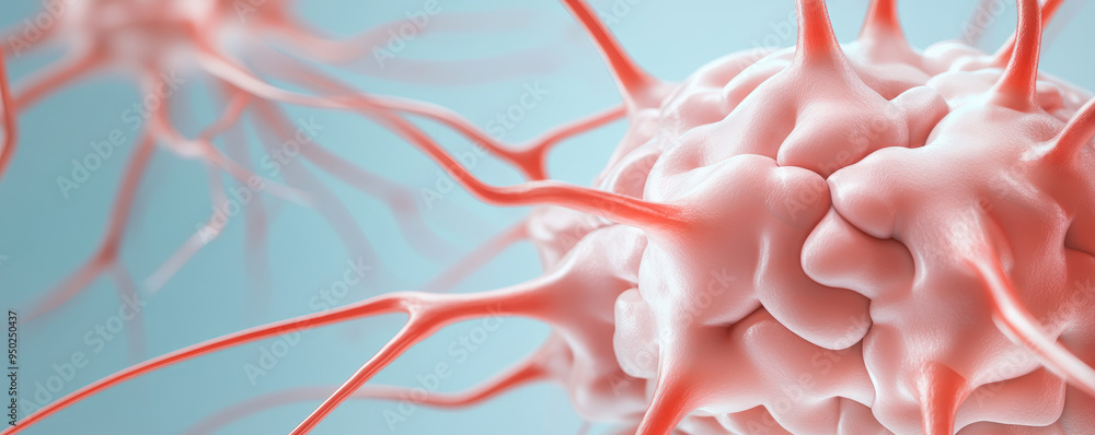 Poster neuronal synapse illustration, depicting a close-up view of neurons with intricate extensions, highl