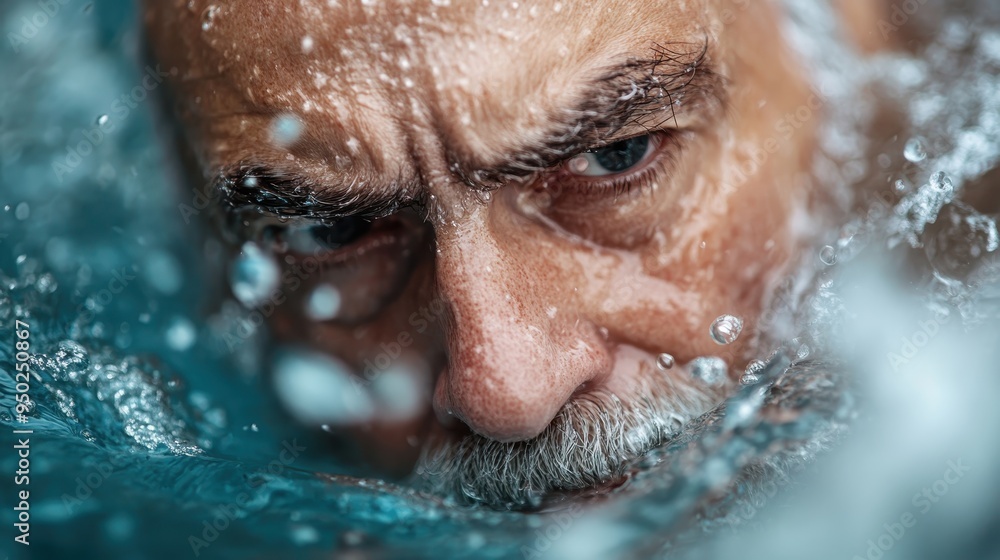 Poster a close-up image of splashing water with droplets and waves creating a dynamic and artistic scene, c