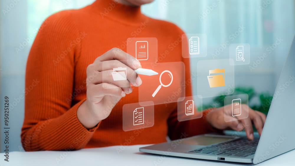 Poster businesswoman using laptop, document management system concept, folders and document icon software, 