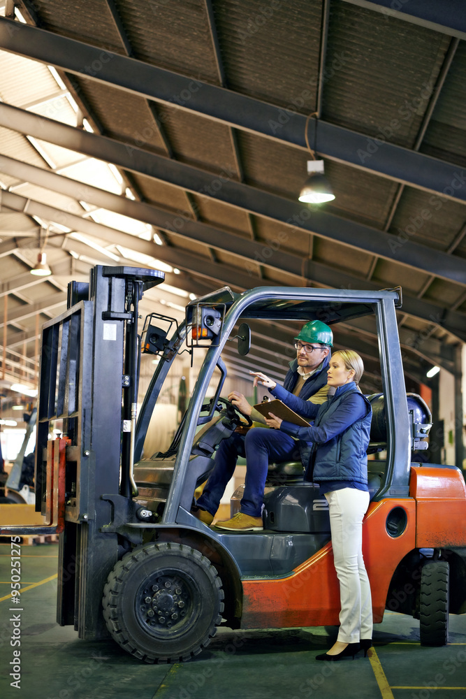 Poster discussion, warehouse and workers with forklift working on site, loading on dock with industrial mov