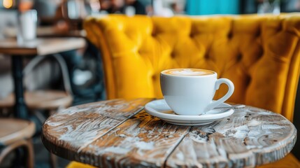 Cozy cafe setting with white coffee cup on rustic wooden table, complemented by vibrant yellow chair, warm perfect for relaxing coffee break, adding touch comfort and style any visit.