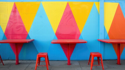 Bold cafe exterior with geometric mural featuring bright colors, red tables stools create vibrant contrast against yellow, blue, red wall, modern design captures attention, perfect for contemporary.