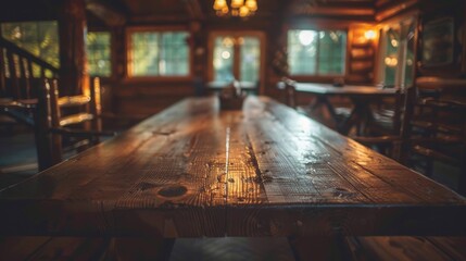 Rustic wooden table in dimly lit cabin-style cafe, table surface gleams with soft light, creating warm, intimate, reflects cozy, communal space for gatherings in traditional, rustic setting.