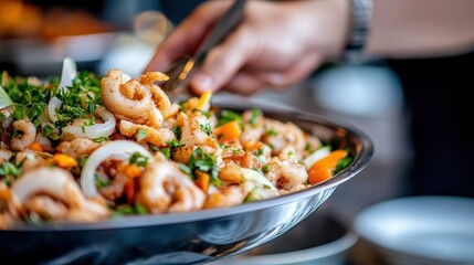 A person serves a freshly prepared seafood salad garnished with herbs and vegetables, featuring pieces of squid, parsley, and onions. The dish is rich in colors and textures.