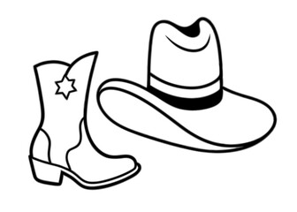 
Cowboy boots and western hat. Cowgirl hat and boots line art vector
