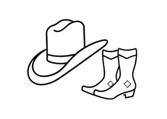
Cowboy boots and western hat. Cowgirl hat and boots line art vector
