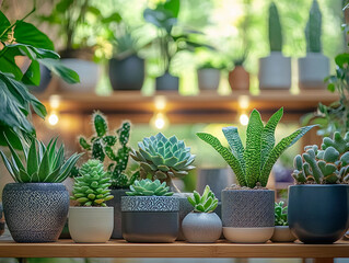 indoor plant shelf with a variety of houseplants, including succulents, cacti, and ferns, arranged in modern pots
