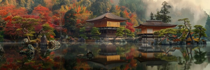 Obraz premium Tranquil Japanese landscape showcasing the dramatic change of leaf colors in the enchanting Koyo season
