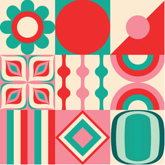 Christmas Retro Pattern in Green, Pink, Red and Beige, xmas vector pattern design, 60s and 70s retro aesthetic style