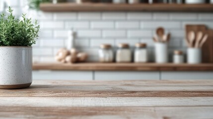 A modern kitchen countertop featuring a potted plant under soft lighting, with kitchen utensils and containers in the background, creating a serene and stylish domestic scene.