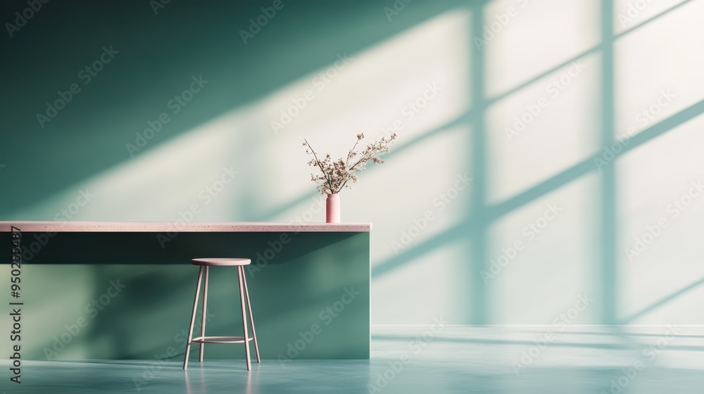 Poster a serene minimalistic interior with a long counter and a single stool, accentuated by mint green hue