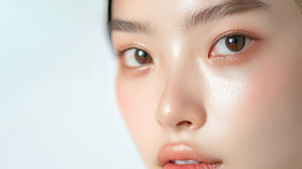 Fototapeta premium Close Up Beauty Portrait Of Young Asian Woman With Perfect Glowing Skin and Natural Makeup Looking At Camera On Light Blue Background, Skincare, Cosmetics And Wellness Concept. High Resolution Image.