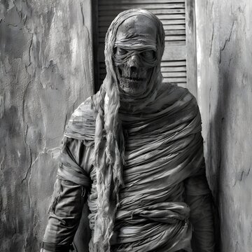 VINTAGE BLACK AND WHITE PHOTO OF A MUMMY