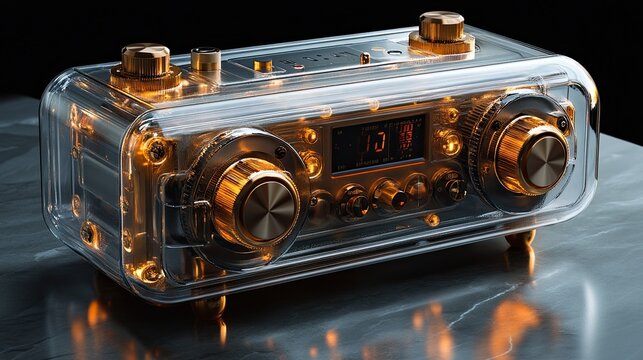 A transparent music player with a vintage radio aesthetic, featuring knobs and dials reminiscent of old-school audio equipment.