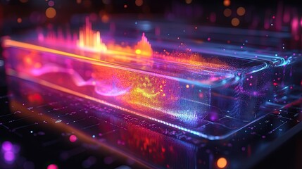 Obraz premium A transparent music player with a music visualization feature, displaying colorful patterns and shapes that react to the rhythm and melody of the song.