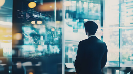 Businessman analyzing organizational chart on large screen in modern office, symbolizing corporate restructuring and strategic planning