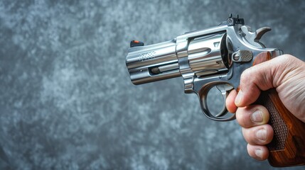 Hand gripping a firearm against a blurred gray background with space for text insertion